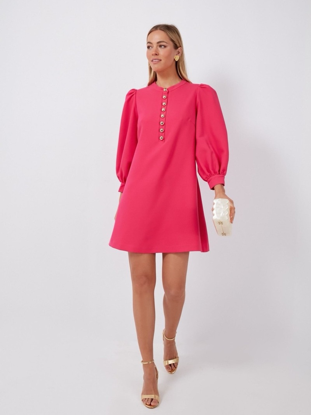 Pomander Place Fuchsia Puff-Sleeve Button A-Line Mini Dress